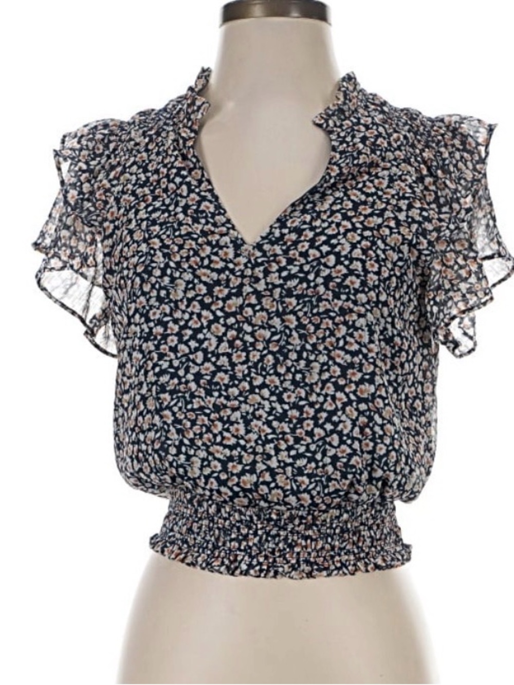 ASTR Navy Floral Ruffle Cap-Sleeve Smocked Waist Blouse